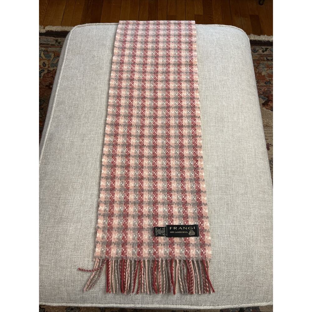 Vintage FRANGI Scarf 100% LAMBSWOOL Made In England Pink Plaid Fringe 10X60